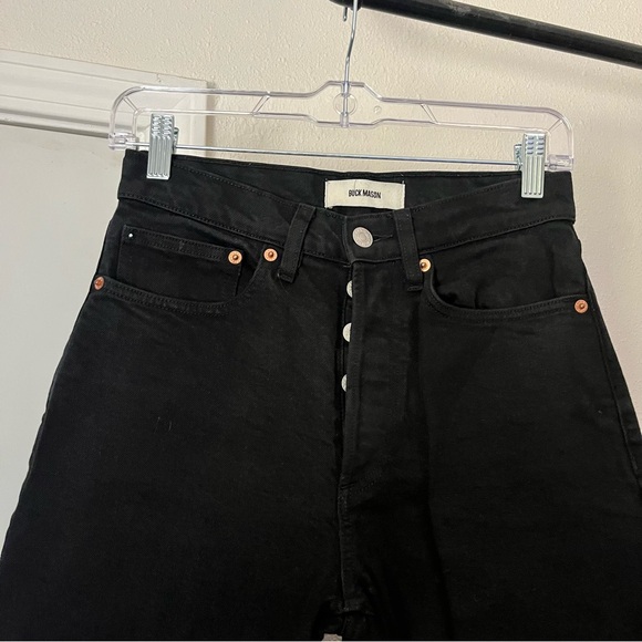 BUCK MASON black cotton denim high rise slim straight leg cropped jeans - Picture 2 of 5